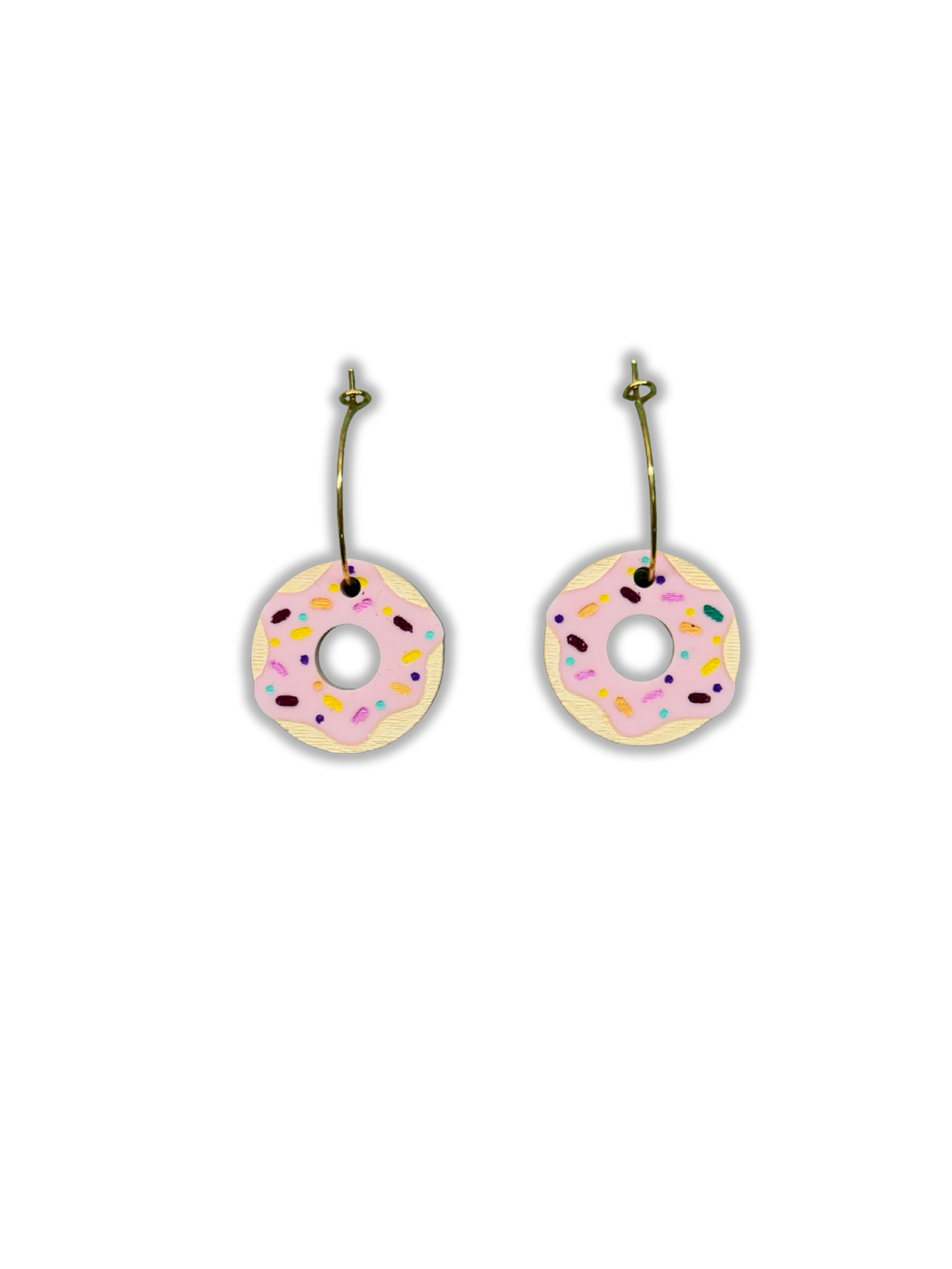 Pendientes de metacrilato ligero en forma de donuts con chispitas de colores, colección Sugar Pop de TaRo Joyas, perfectos para un look divertido y original. Donuts rosa, fondo transparente