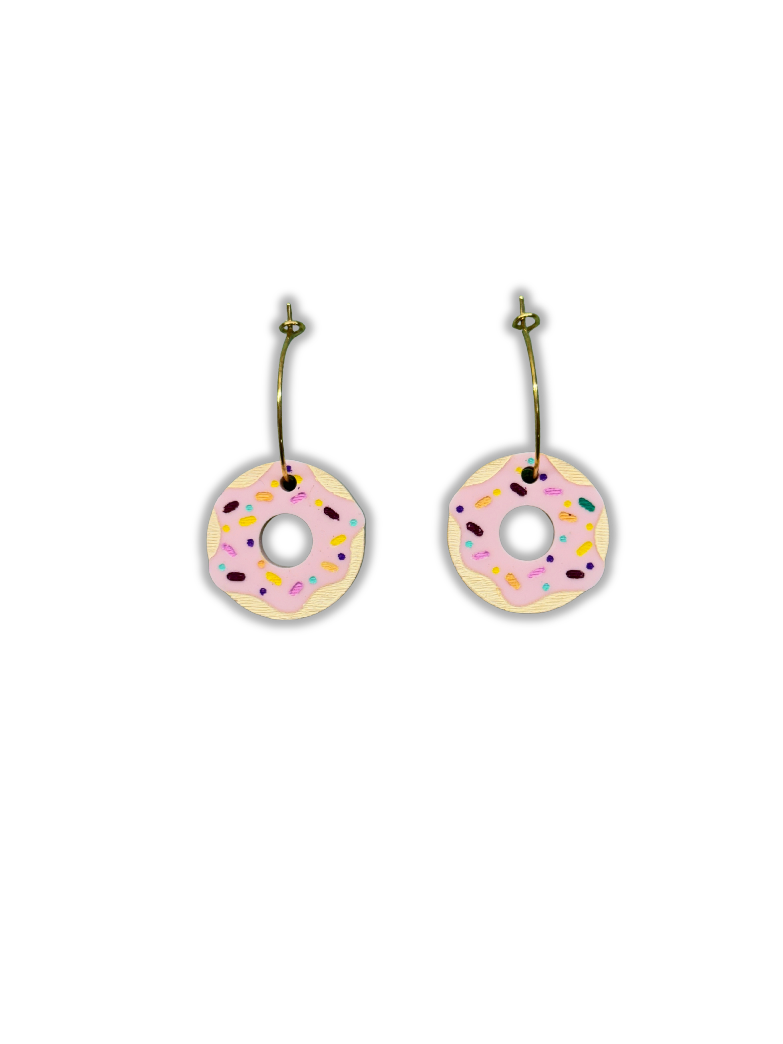 Pendientes de metacrilato ligero en forma de donuts con chispitas de colores, colección Sugar Pop de TaRo Joyas, perfectos para un look divertido y original. Donuts rosa, fondo transparente