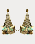 pendientes madrugá taro de estilo flamenco con tonos dorados y flores preservadas en tonos turquesa dorados y beige
